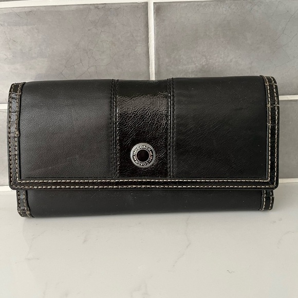 Coach Black Leather Patent Leather Stripe Wallet with Check Book Cover - Picture 1 of 11